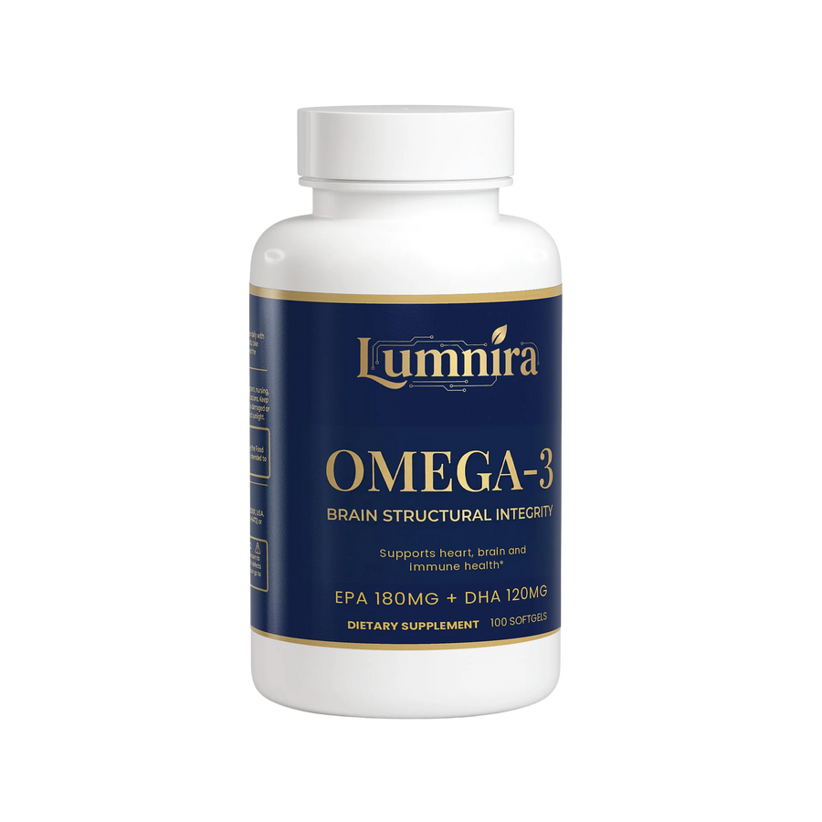 Lumnira Omega-3 Science supplement bottle on a transparent background

