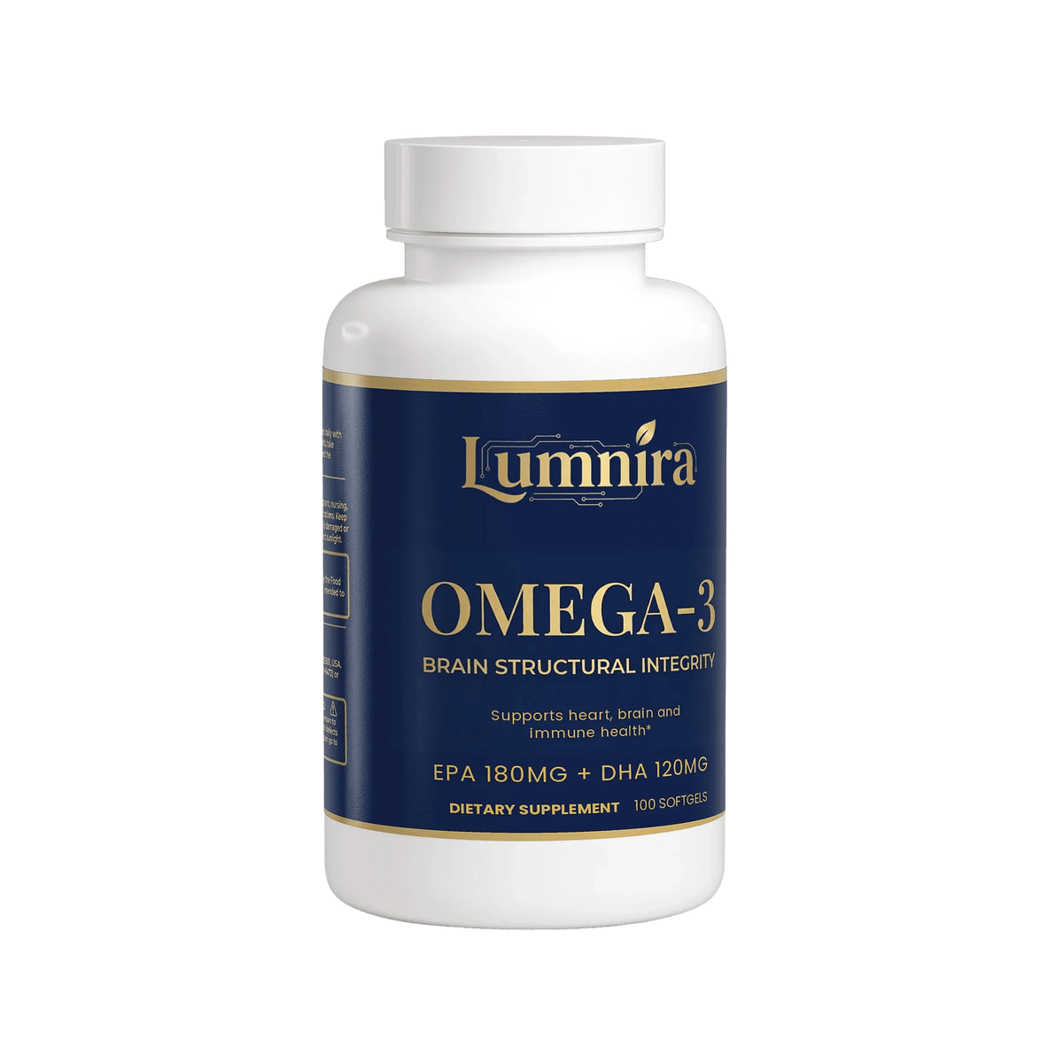 Lumnira Omega-3 softgel bottle, 180mg EPA, 120mg DHA, 100 count for brain and overall health support.