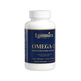 Lumnira Omega-3 softgel bottle, 180mg EPA, 120mg DHA, 100 count for brain and overall health support.